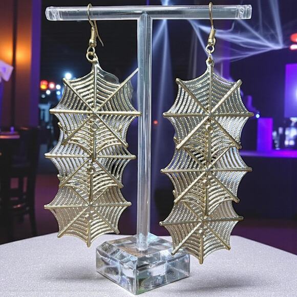Gold Spider Web Earrings - Picture 1 of 4